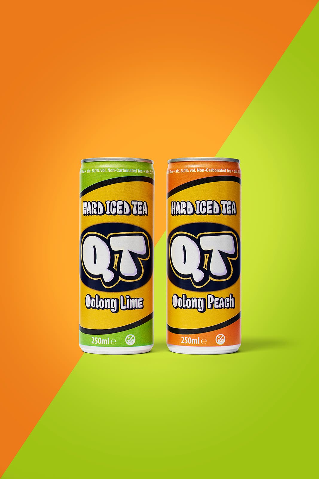 Cans of QT Oolong Lime and QT Oolong Peach hard iced tea on an orange and green background