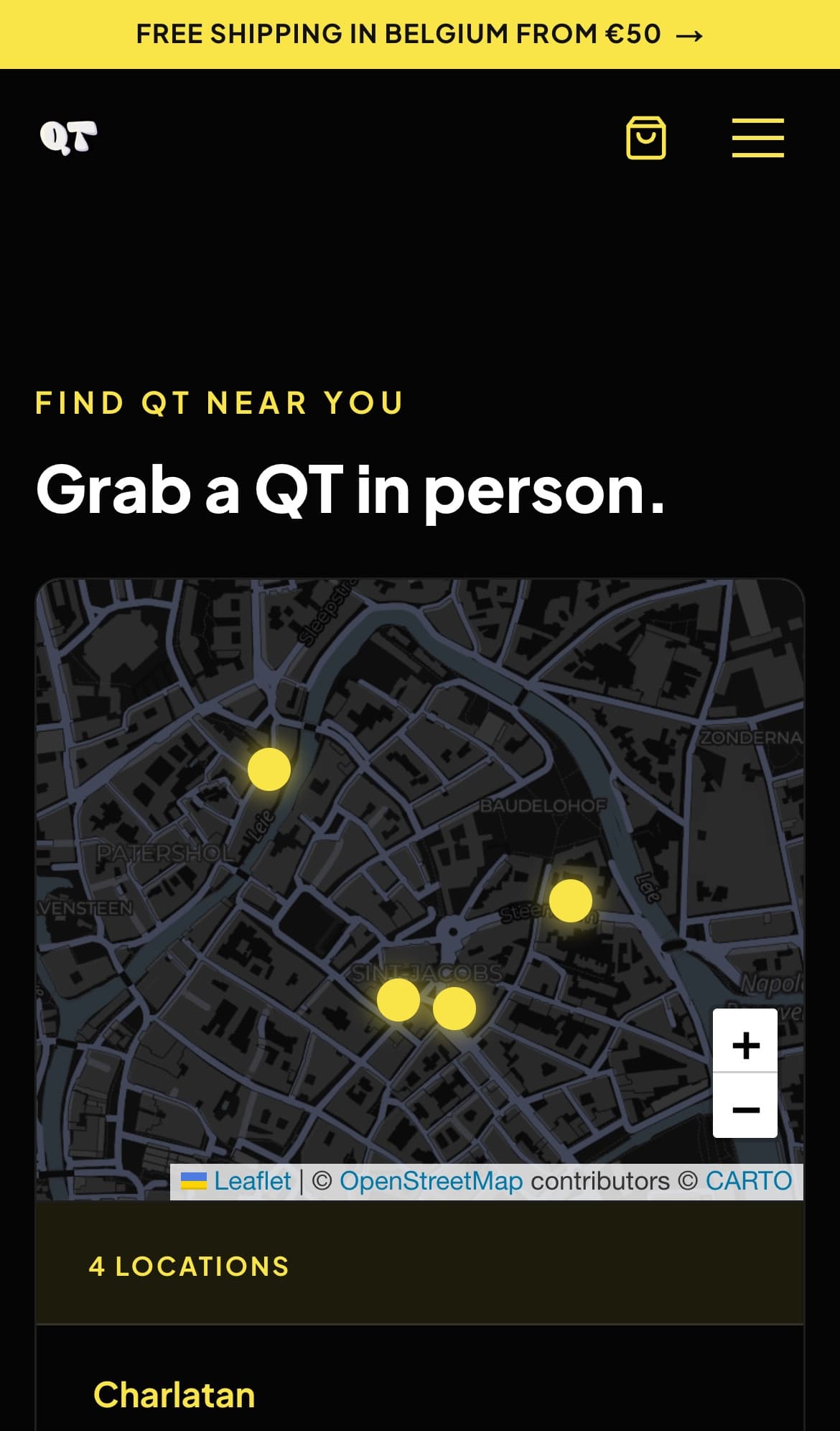 The map of bars in Ghent on the QT Drink webshop, on a smartphone